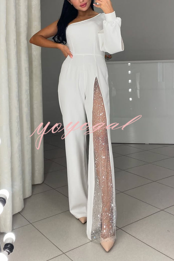 Fashionable Oblique Shoulder One-sleeve Sexy High Slit Slim Jumpsuit