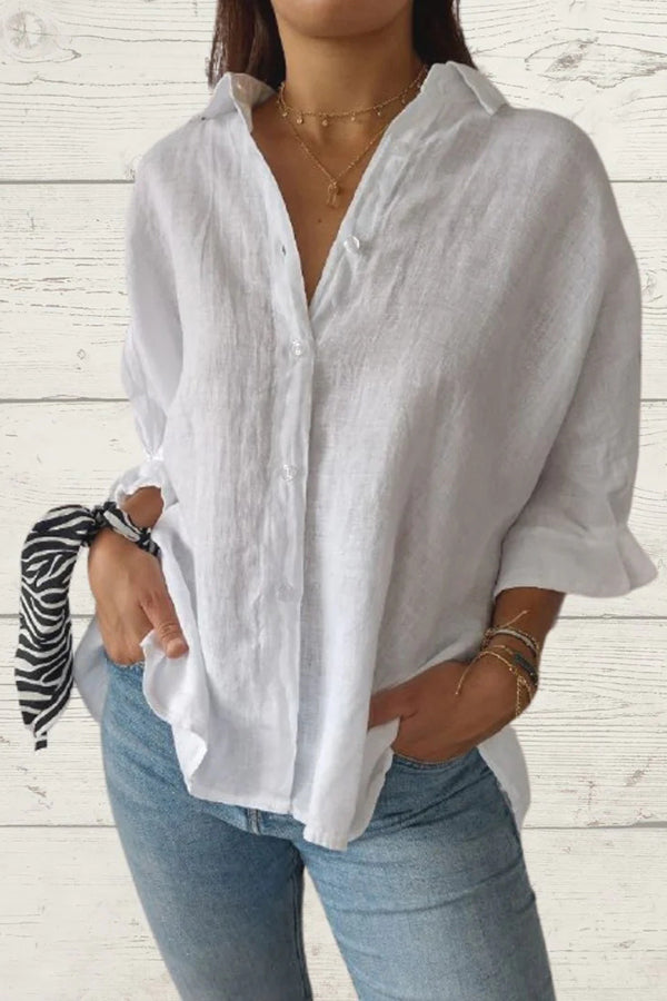 Linen Blend Solid Color Tie Back Loose Shirt Top