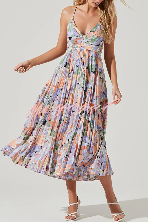 Wedding Party Season Floral Print Pleated Back Tie-up Midi Dress