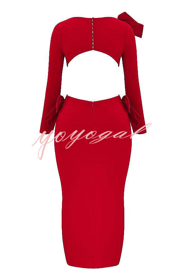 Lovely Bow Cutout Button Back Zipper Long Sleeve Maxi Dress