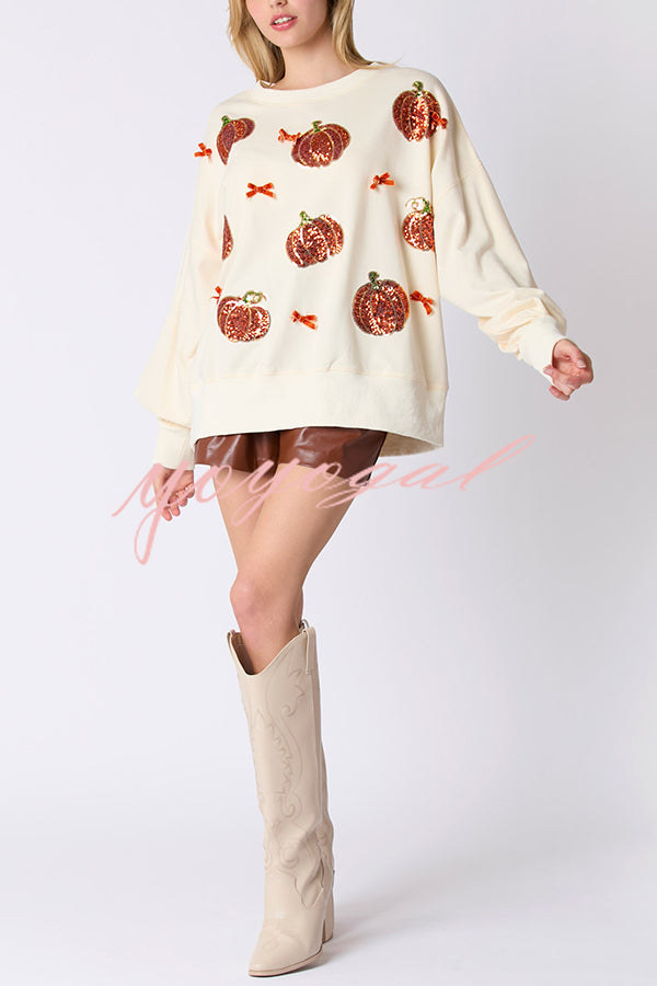 Halloween Colorful Pumpkin Embroidered Loose Casual Sweatshirt