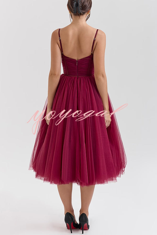 Royal Treatment Tulle Bows Detail Ruched Slip Midi Dress