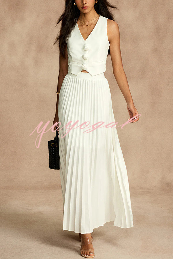 Stylish Rosette Sleeveless Tank Top and Pleated Maxi Skirt Set