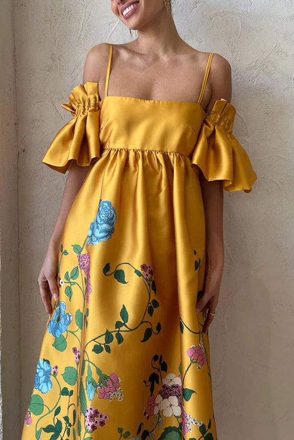 Sweetest Marigold Printed Gathered Sleeve Pocketed A-line Midi Dress