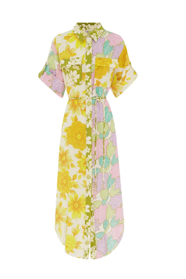 Travel Effortlessly Linen Blend Floral Patchwork Shirt Midi Dress