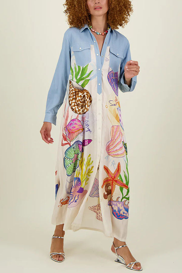 Take A Trip Marine Elements Unique Print Patchwork Pocketed Long Shirt Coat