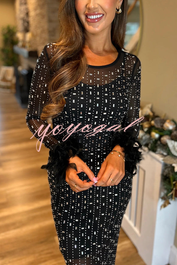 Sexy Long Sleeve Round Neck Feather Edge Rhinestone Decoration Slim Fit Maxi Dress