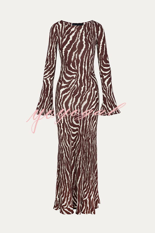 Gia Unique Print Boat Neck Long Bell Sleeve Bias Cut Maxi Dress