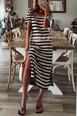 Brilliant Basics Stripe V Neck Casual Midi Dress