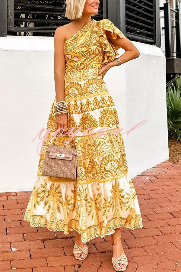 Exquisite Dream Unique Print One Shoulder Ruffle Sleeve Tiered Maxi Dress