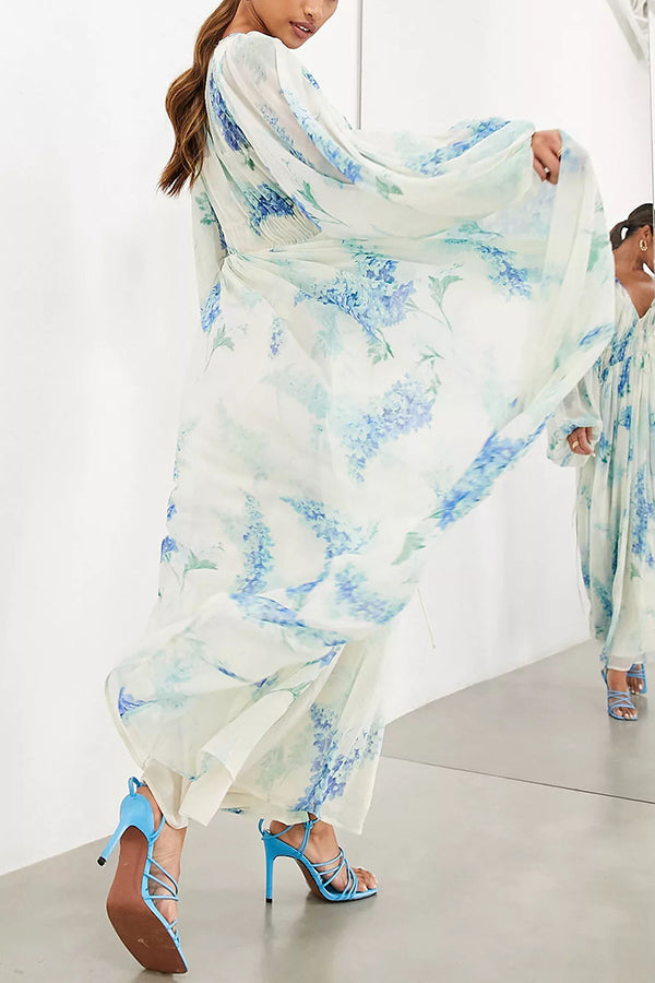 Headed To The Ocean Chiffon Floral Drawstring Waist Maxi Dresses