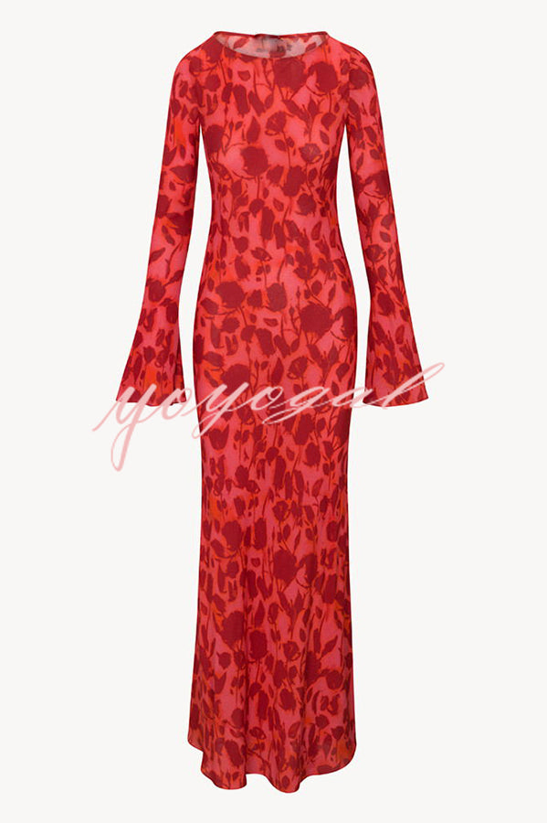 Gia Unique Print Boat Neck Long Bell Sleeve Bias Cut Maxi Dress