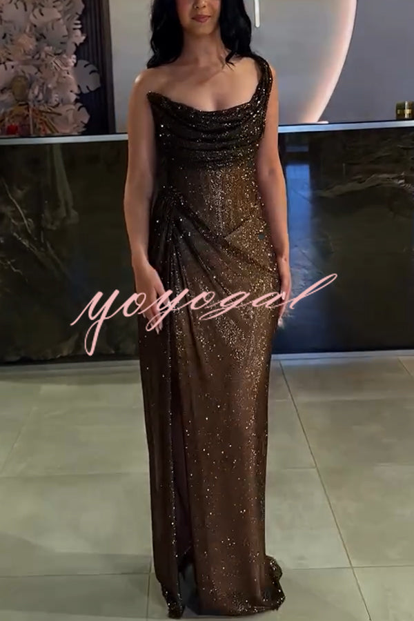 Glitzy Gala Glitter Fabric One Shoulder Ruched Slit Maxi Dress