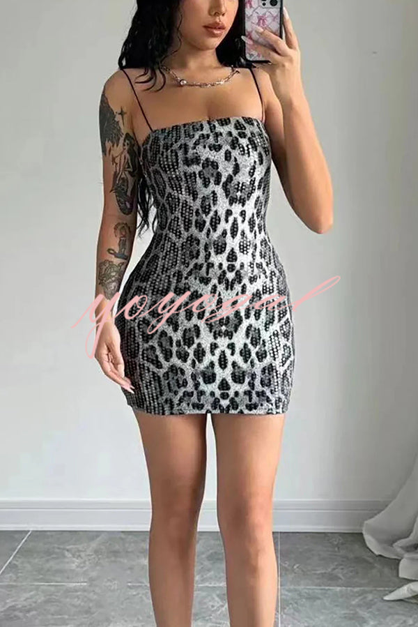 Leopard Print Sequin Sexy Sling Slim Fit Mini Dress