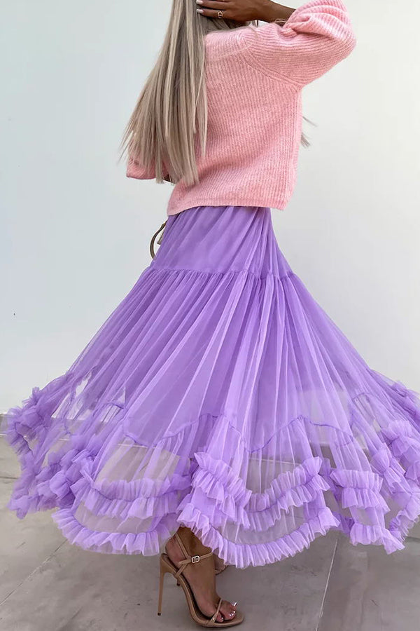 Elegant Tulle Stretch Waist Paneled Pleated Maxi Skirt