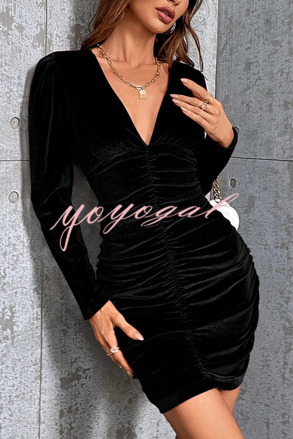 Solid Color Velvet Sexy V-neck Long Sleeve Ruched Mini Dress