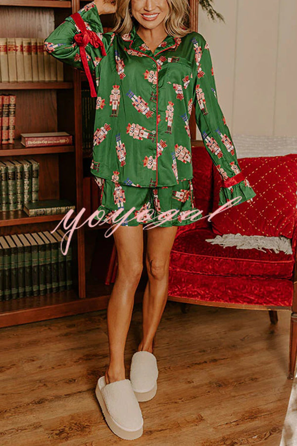 Christmas Dreaming Satin Nutcrackers Print Velvet Trim Elastic Waist Pocketed Pajama Shorts Set