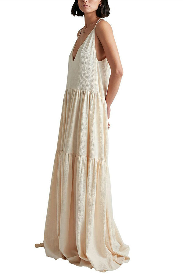 Beach Day Linen Blend Back Tie-up A-line Layered Maxi Dress