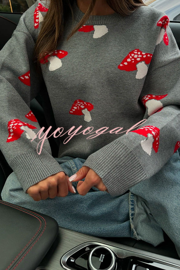 Mushroom Pattern Casual Loose Round Neck Knitted Sweater