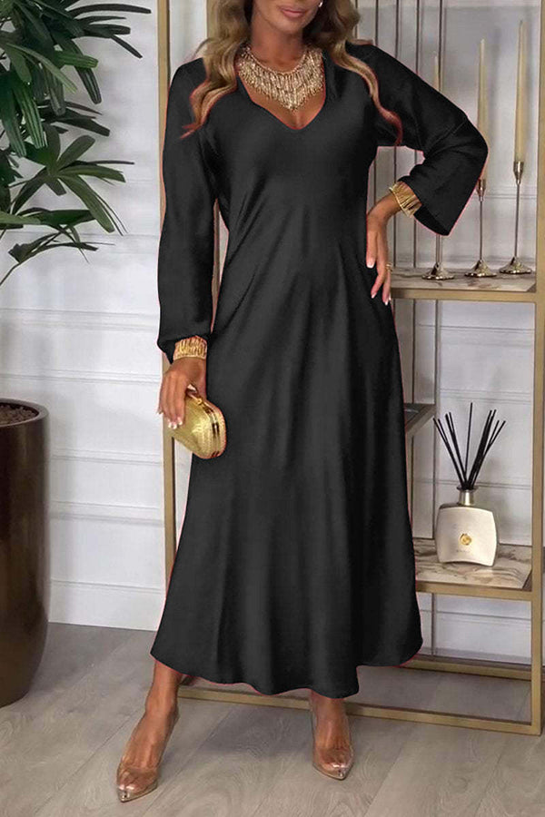 Solid Color V-neck Long-sleeved Loose Draped Maxi Dress