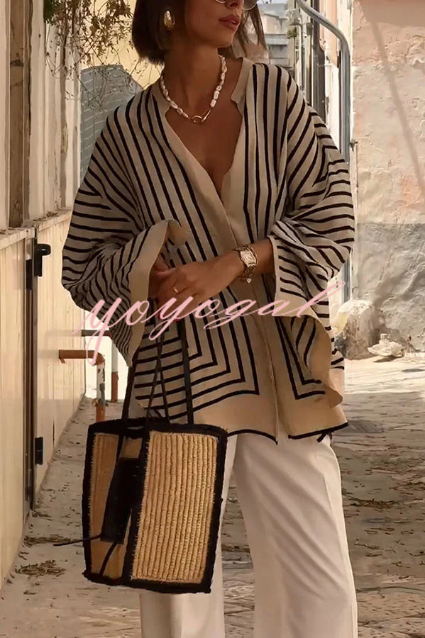 Comfortable and Effortless Striped Long Slit Sleeve Button Relaxed Loose Blouse