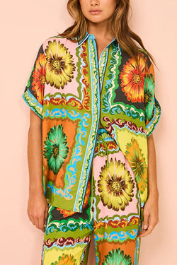 Disco Daisy Unique Print Colorblock Button Down Oversized Blouse