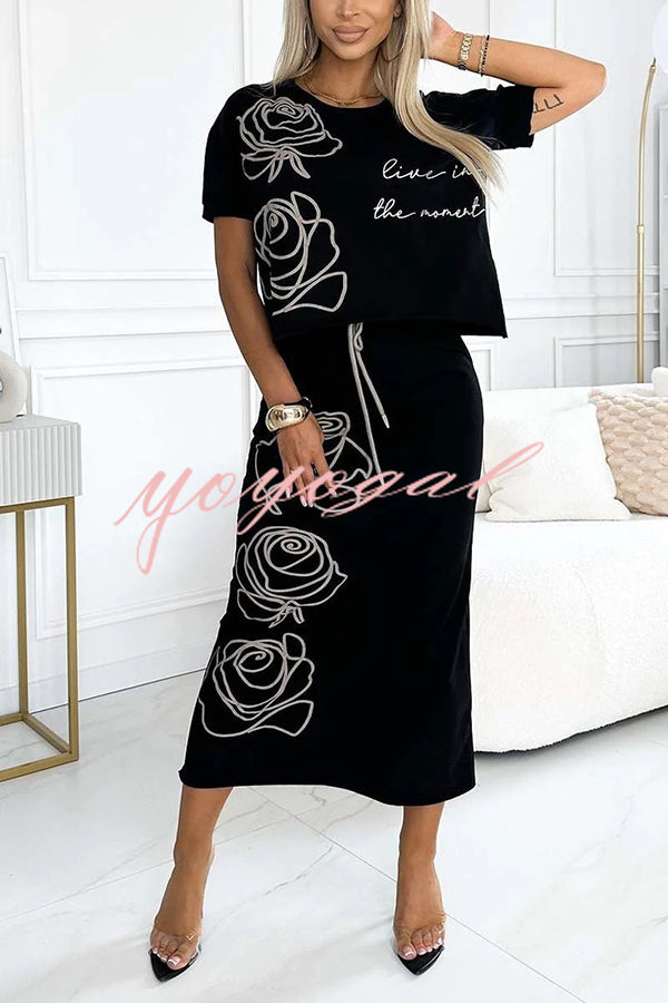 Floral Print Crew Neck Short sleeve Loose Top and Elastic Waist Tie Pocket Midi Skirt Set