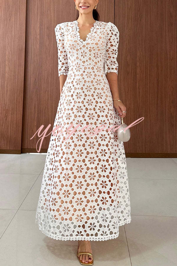 Best Day Ever Crochet Floral Lace Puff Sleeve Lined Maxi Dress