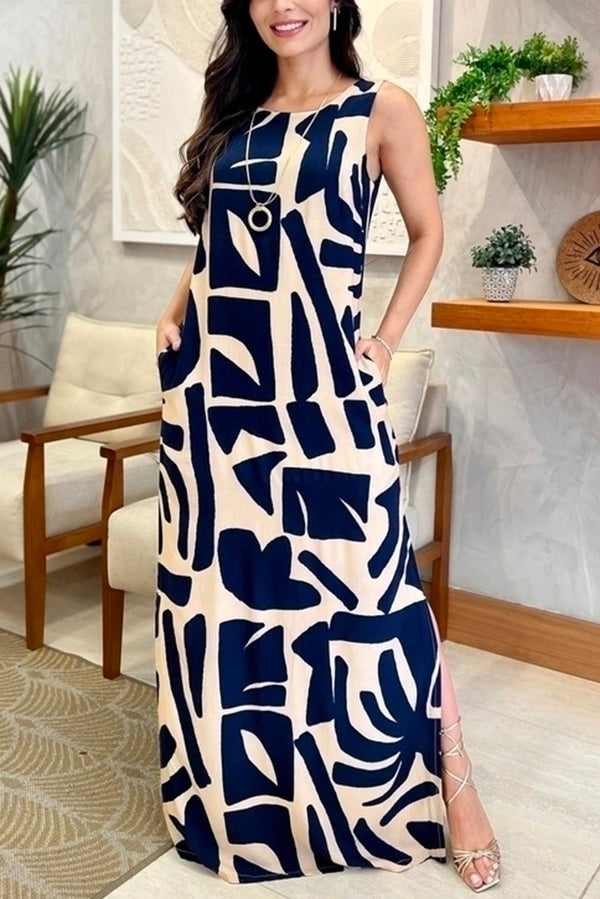 Unique Printed Sleeveless Slit Lace Up Waist Pocket Maxi Dress