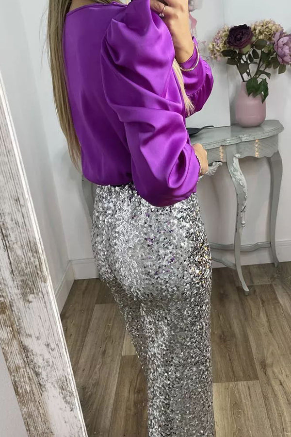 Glitzy Glamour Sequin High Rise Elastic Waist Wide Leg Pants