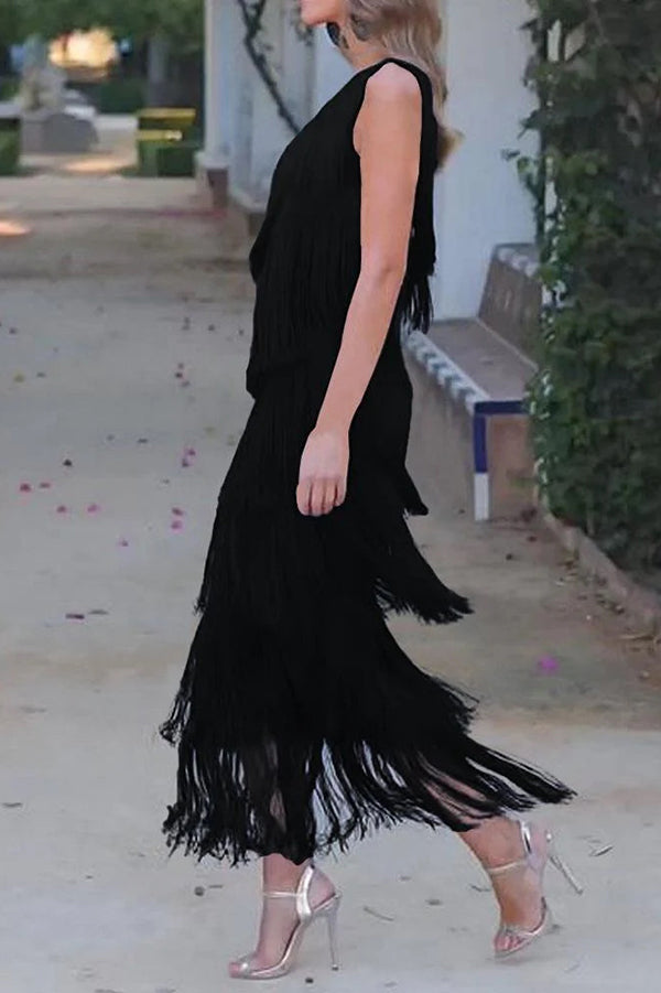 Stylish Fringed One Shoulder Asymmetric Midi Dress