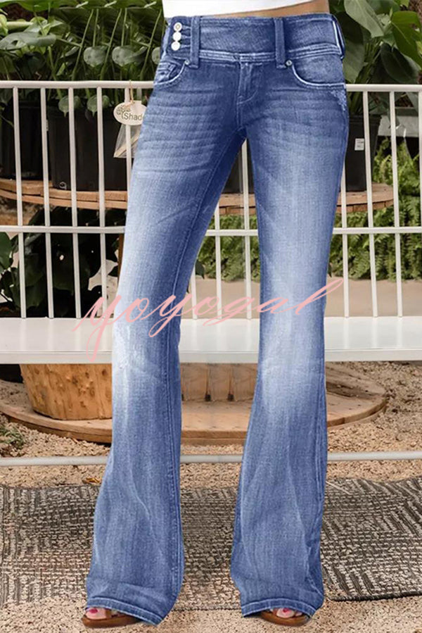 Vintage Side Button Pocket Mid-rise Flared Jeans