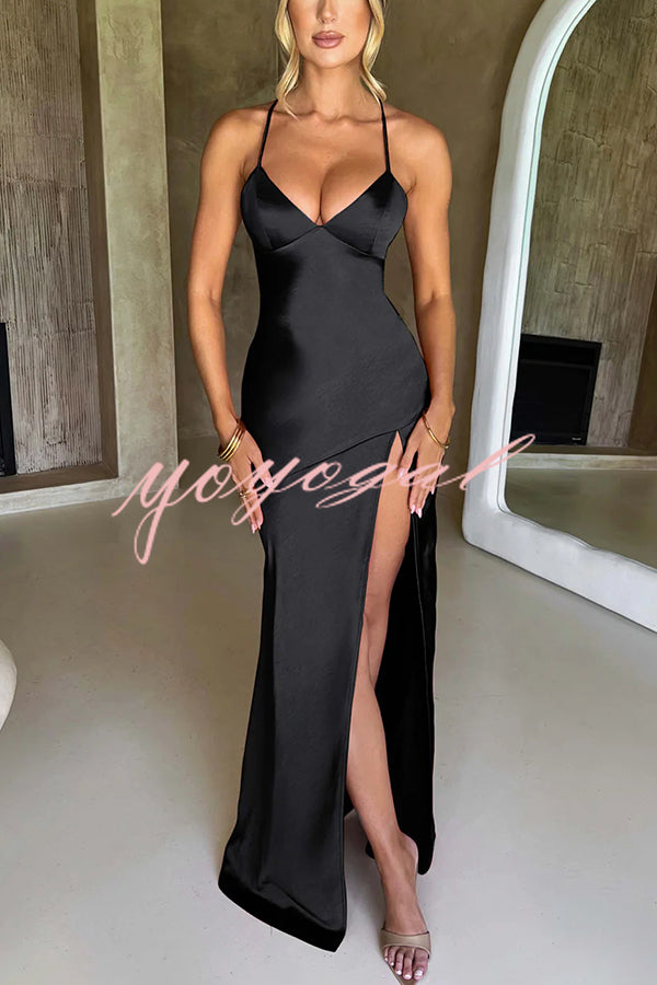 Satin Solid Color Sexy Backless Lace Up High Slit Maxi Dress