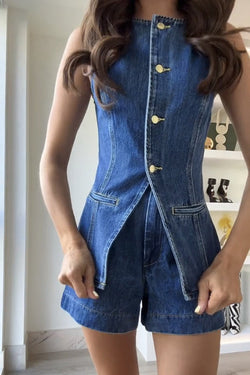 Abel Denim Button Up Princess Seams Pocket Vest Top