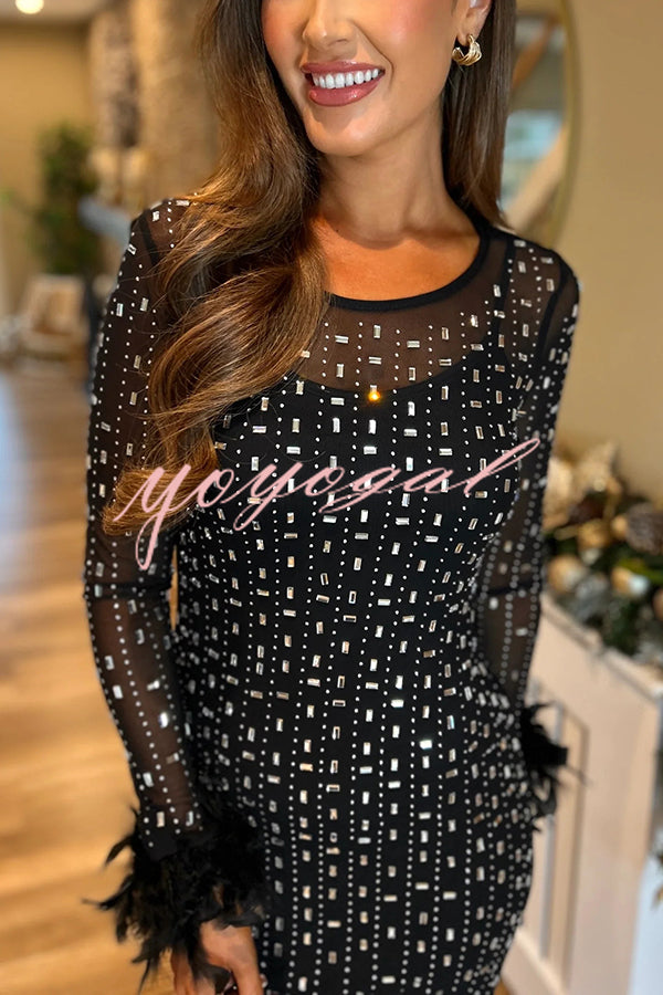 Sexy Long Sleeve Round Neck Feather Edge Rhinestone Decoration Slim Fit Maxi Dress