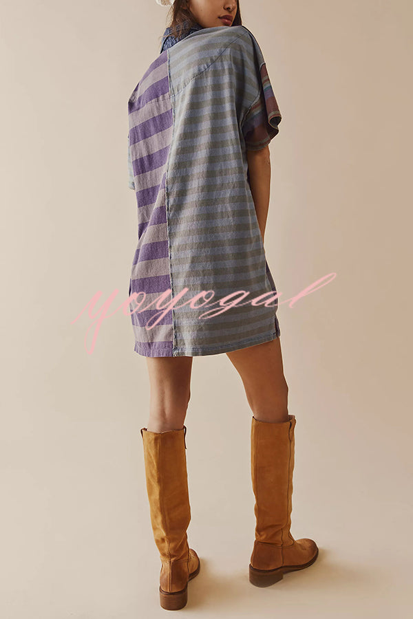 Contrast Striped Patchwork Denim Lapel Loose Casual Mini Dress