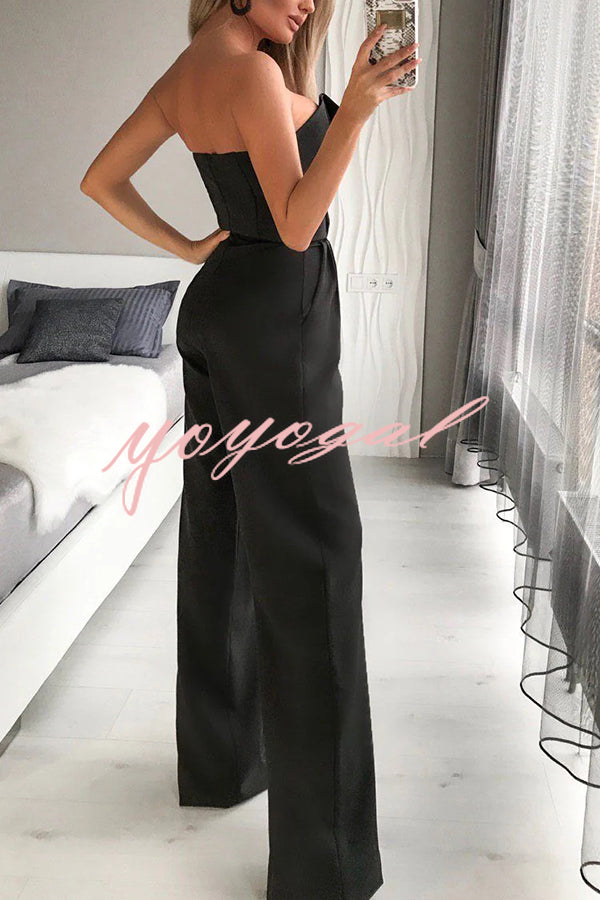 Tuxedo-style Off Shoulder Pocket Wide Leg Formal Jumpsuit