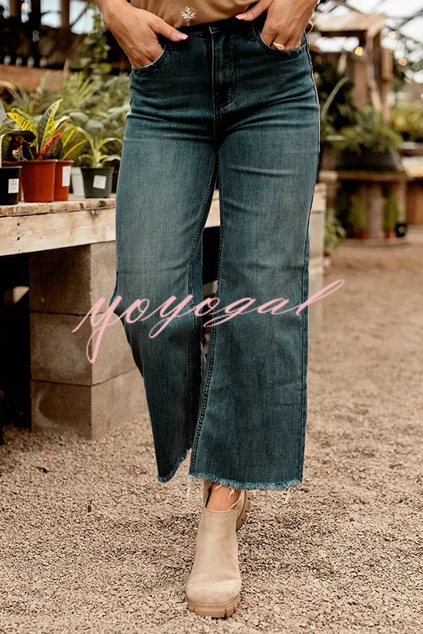 Stylish Raw-edge Mid-rise Pocket Stretch Straight-leg Jeans