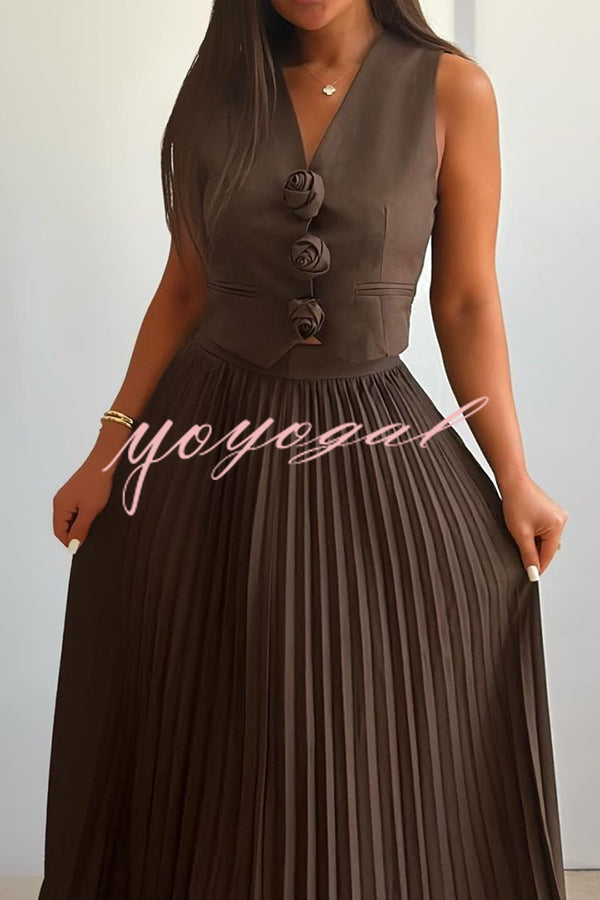 Stylish Rosette Sleeveless Tank Top and Pleated Maxi Skirt Set