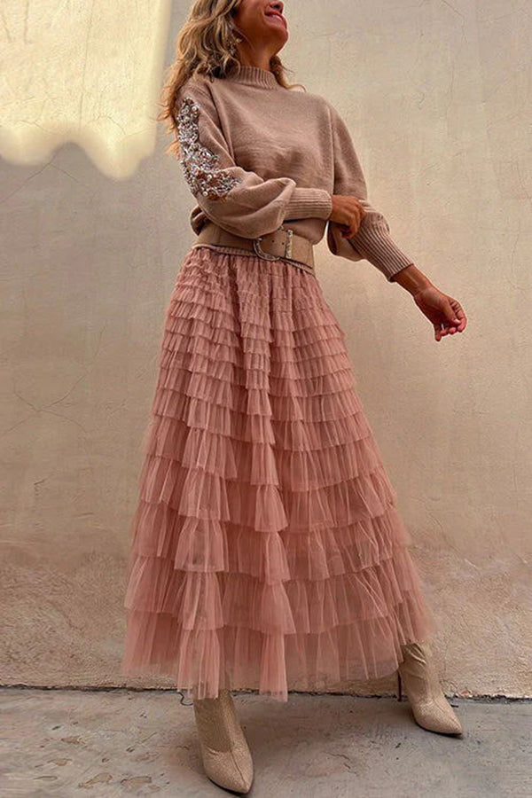 Be Your Own City Queen Tiered Elastic Waist Tulle Maxi Skirt