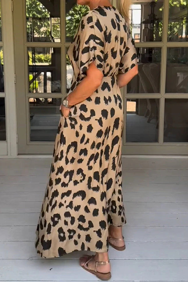 Leopard Print Casual Loose V-neck Short-sleeved Pocket Midi Dress