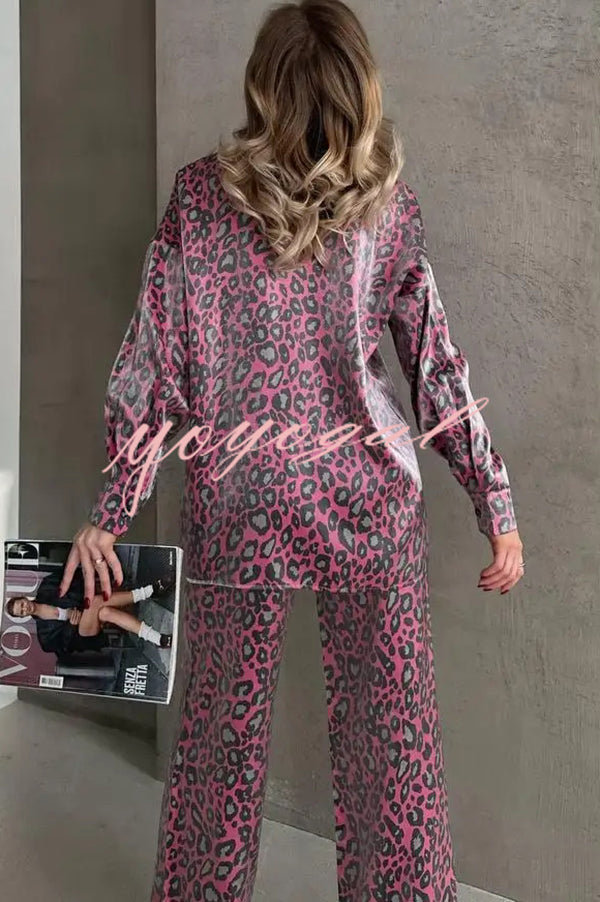 Leopard Print Long-sleeved Casual Top and Loose Elastic Waist Tie Pants Set