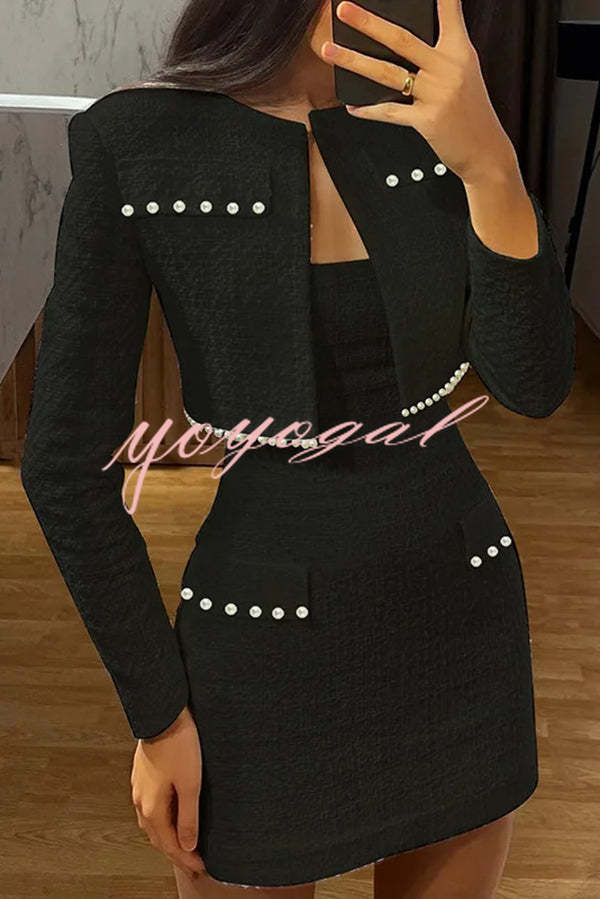 Stylish and Elegant Tweed Pearl-embellished Long-sleeved Jacket