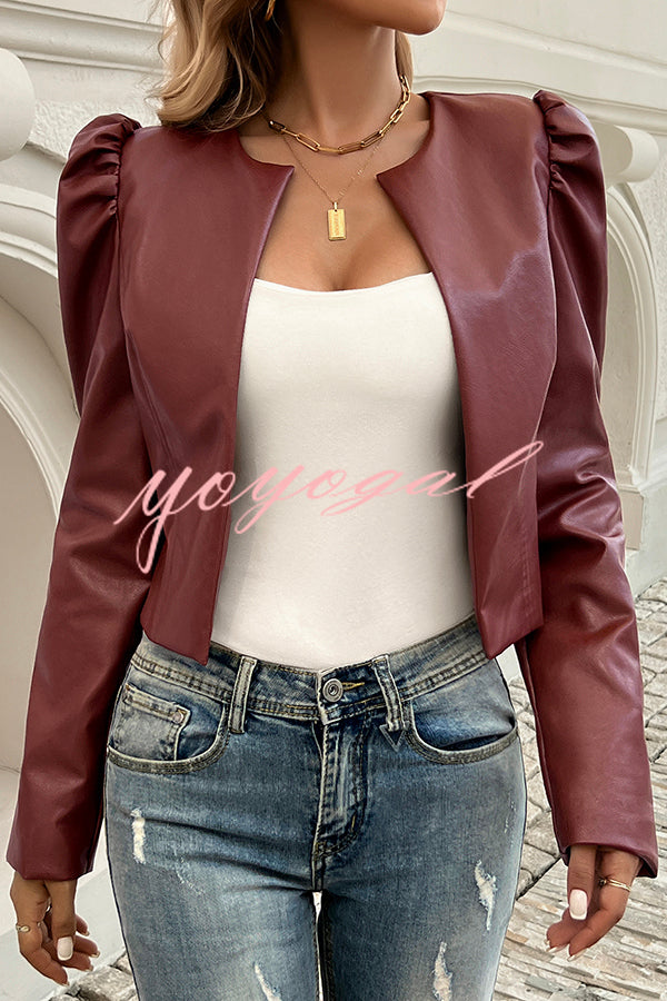 Yelissa Faux Leather Statement Long Sleeve Open Front Crop Jacket