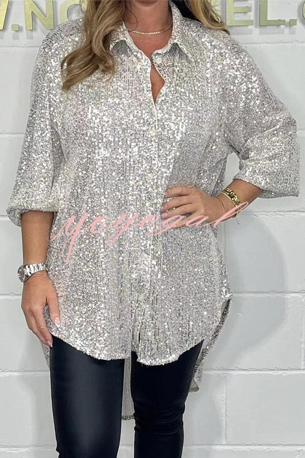 Party Season Solid Color Sequin Button Long Sleeve High Low Shirt