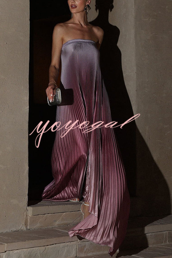 Gorgeous Styling Satin Pleated Elastic Bust Strapless A-line Gown Maxi Dress