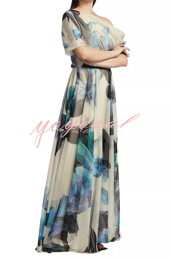 Unique Printed Bohemian Short-sleeved One-shoulder Maxi Dress