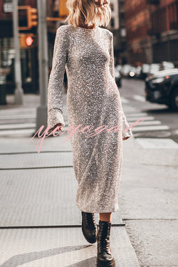 Ignite Sparkly Nights Sequin Extra Long Sleeve Open Back Loose Midi Dress