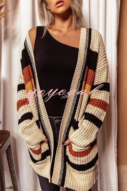 Knitted Striped Printed Loose V-neck Long-sleeved Casual Cardigan