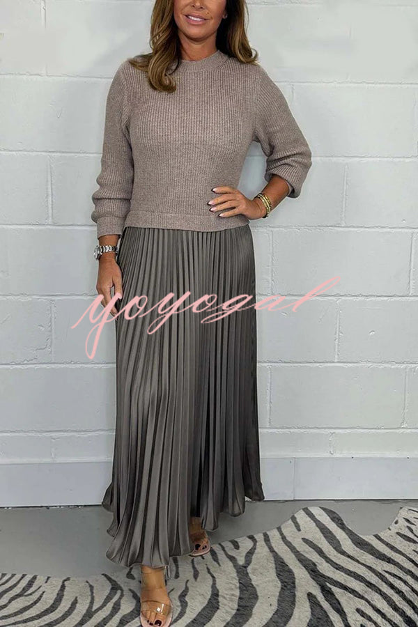 Stylish Knitted Round Neck Long Sleeve Patchwork Pleated Hem Maxi Dress